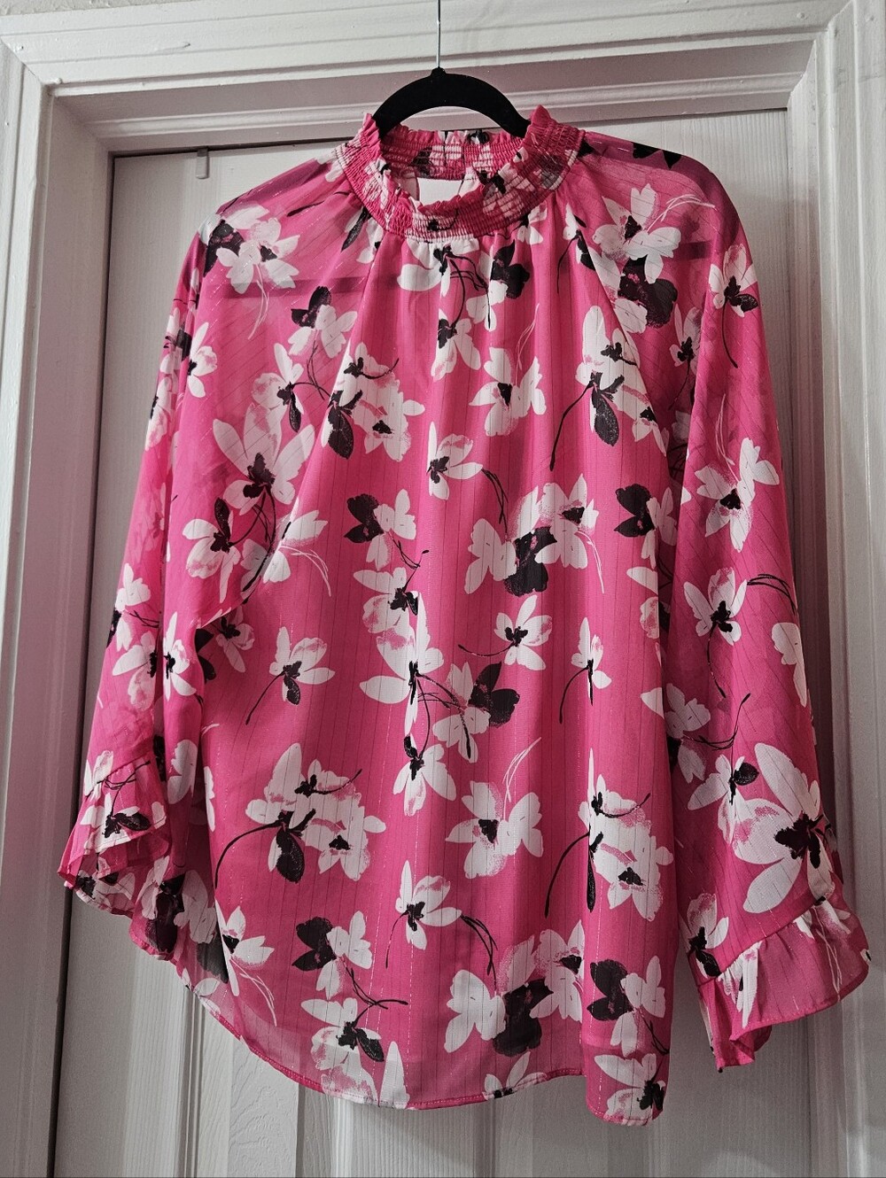 Pink Floral Smocked-Neck Blouse